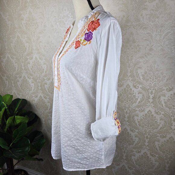 Style & Co Size Small White Cotton Tunic Embroidered Floral Roll Tab Sleeves - Picture 7 of 12